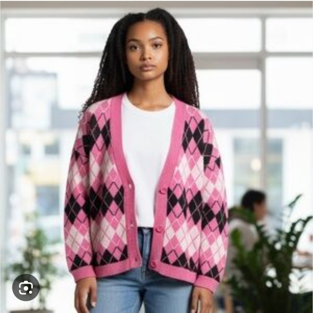 Berkeley Jensen Argyle Cardigan Sweater Women's Size Large Pink Black White